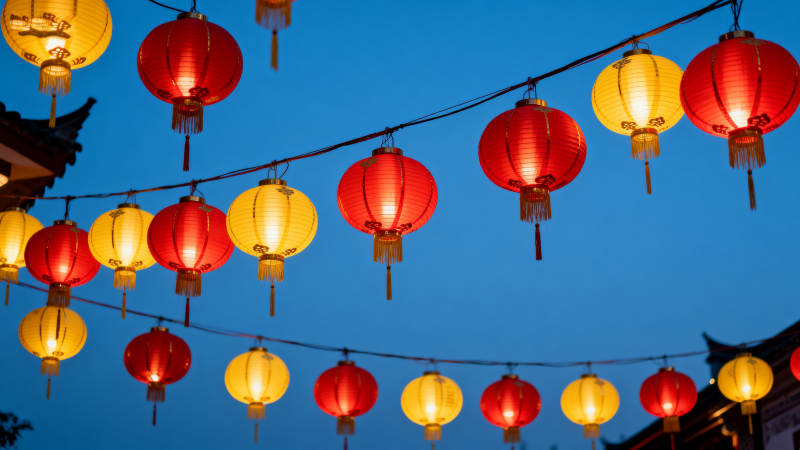 红黄灯笼高高挂节日氛围浓厚图片