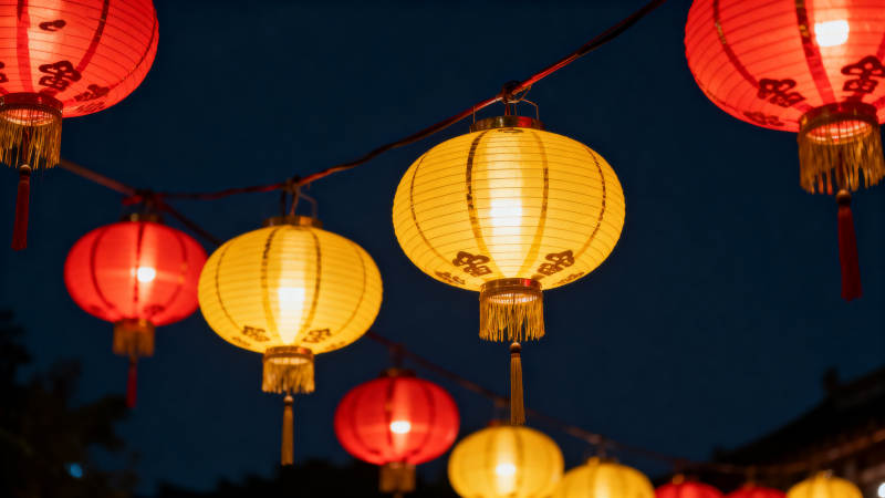 夜晚红黄灯笼高挂图片