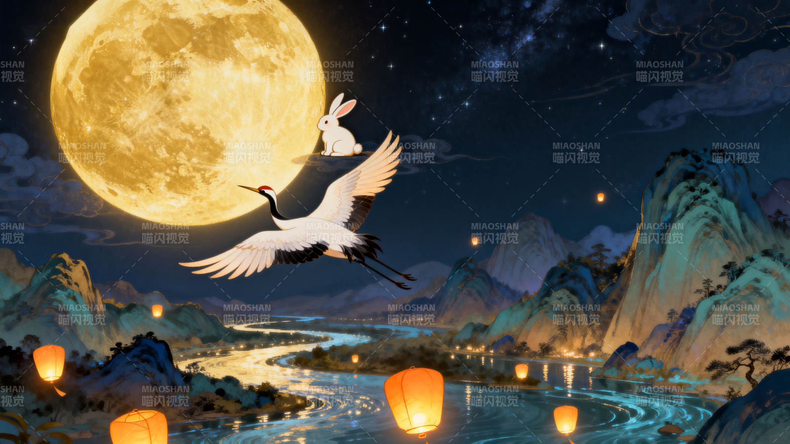 中秋月夜玉兔仙鹤图片