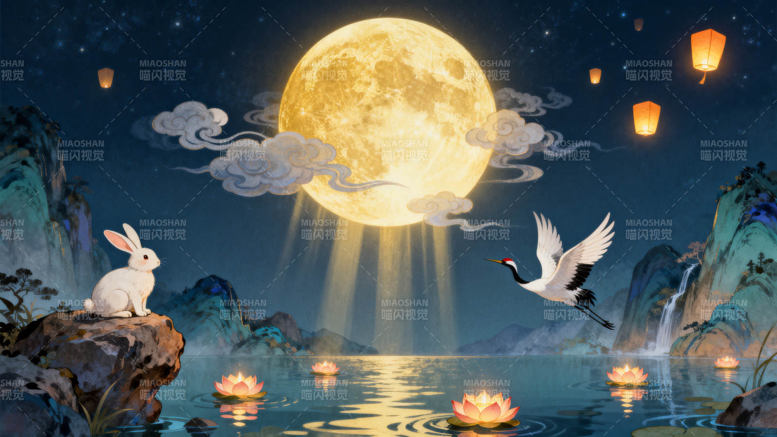 中秋月夜玉兔仙鹤图片