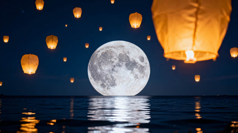 明月与孔明灯的夜空图片