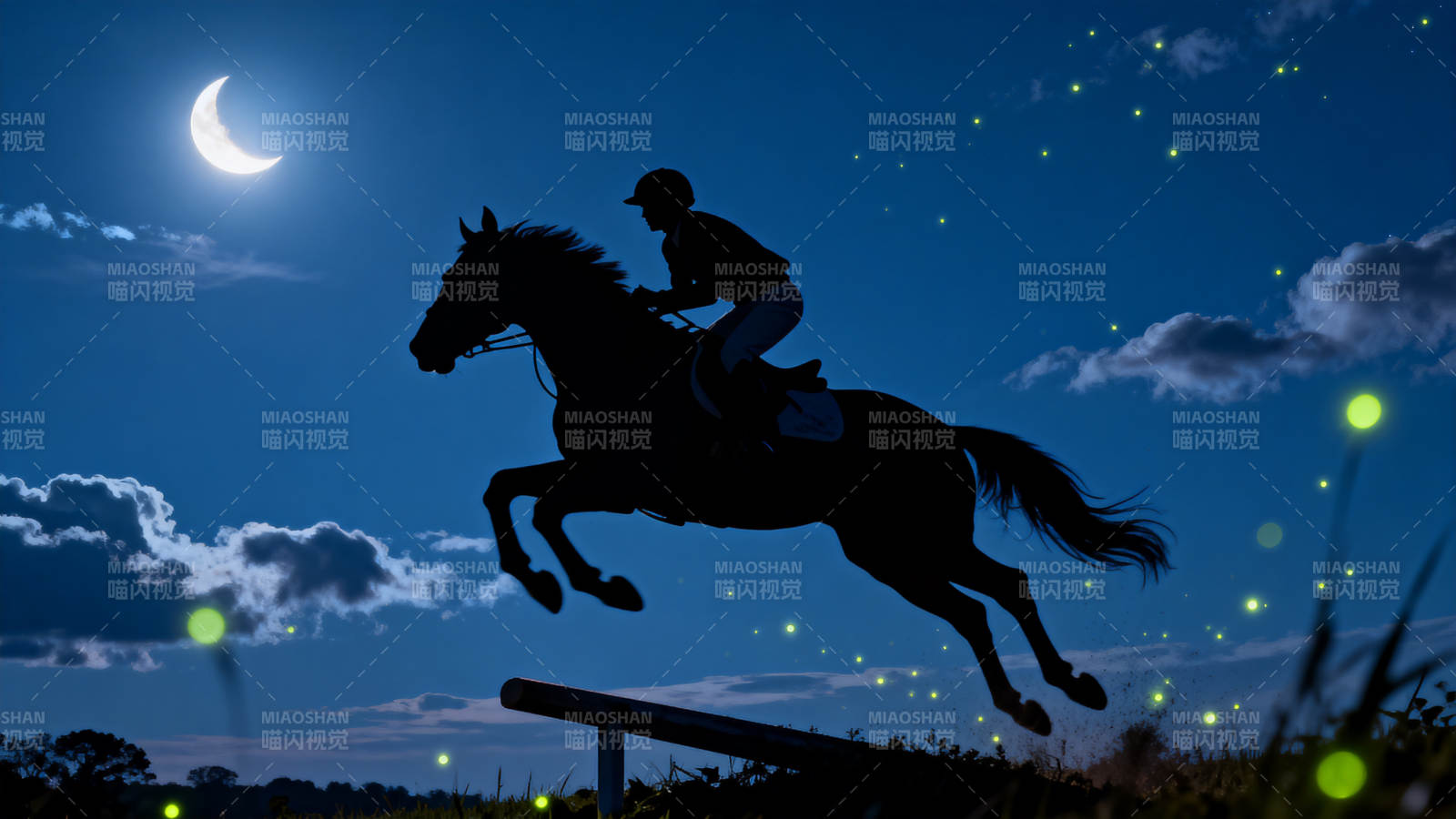 月夜马跃萤火飞舞图片