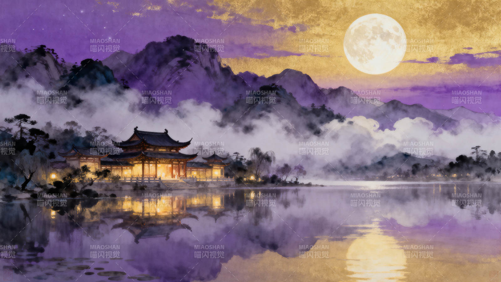 古亭月夜山水画图片