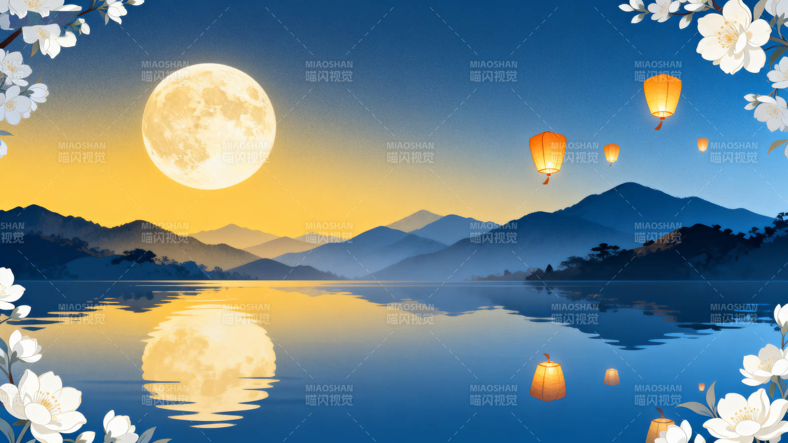 明月湖面孔明灯夜景图片