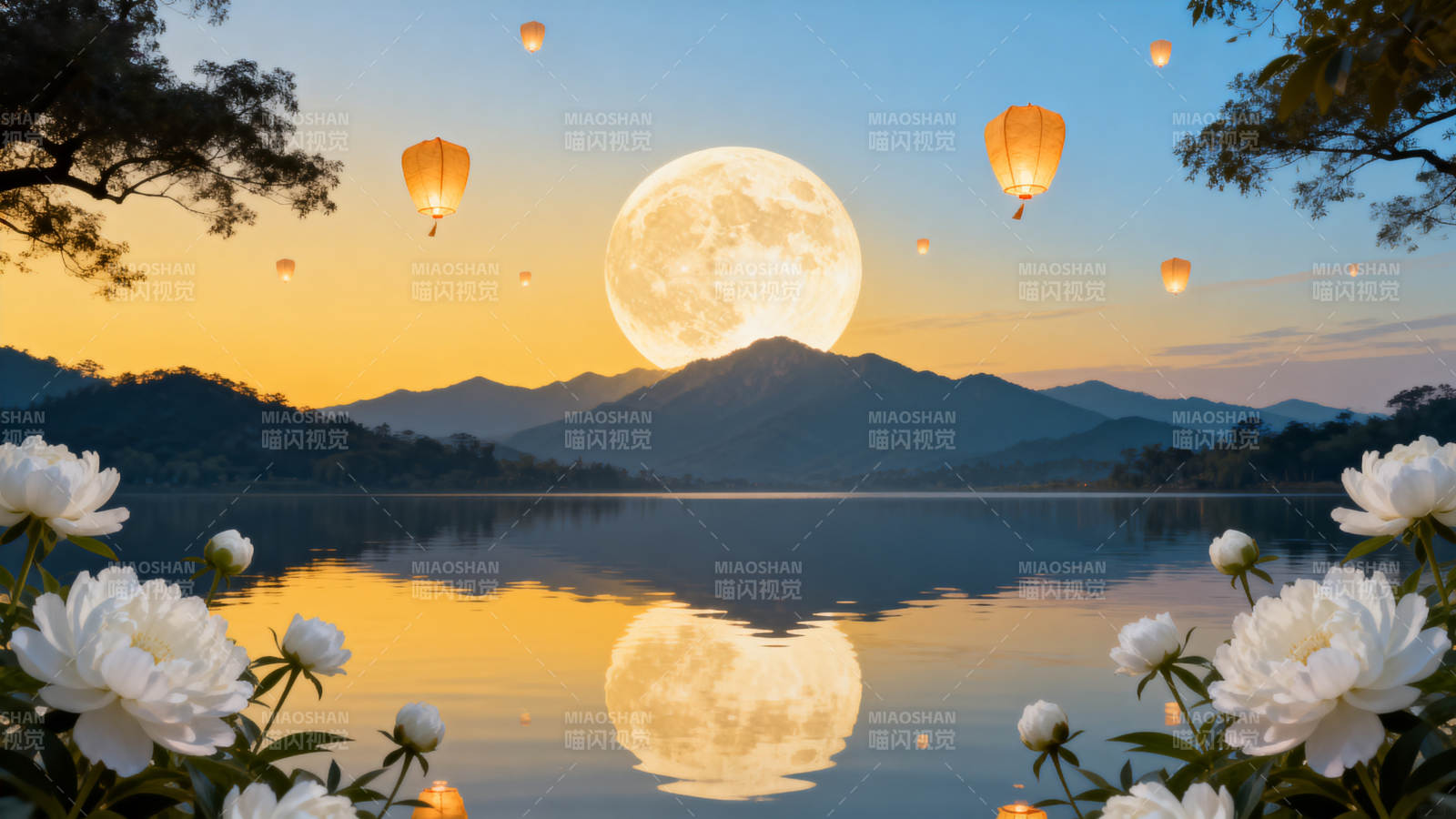 明月湖面孔明灯夜景图片