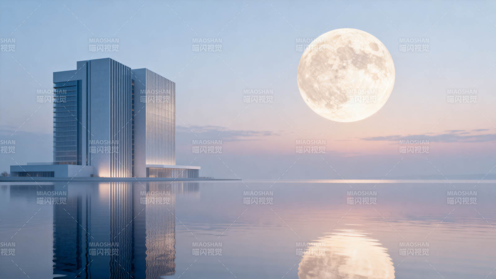 现代建筑与圆月倒影图片