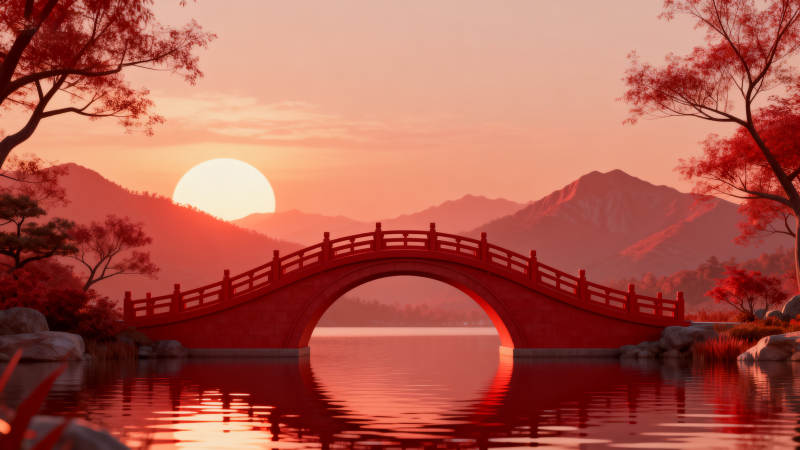 红色拱桥夕阳山水图片