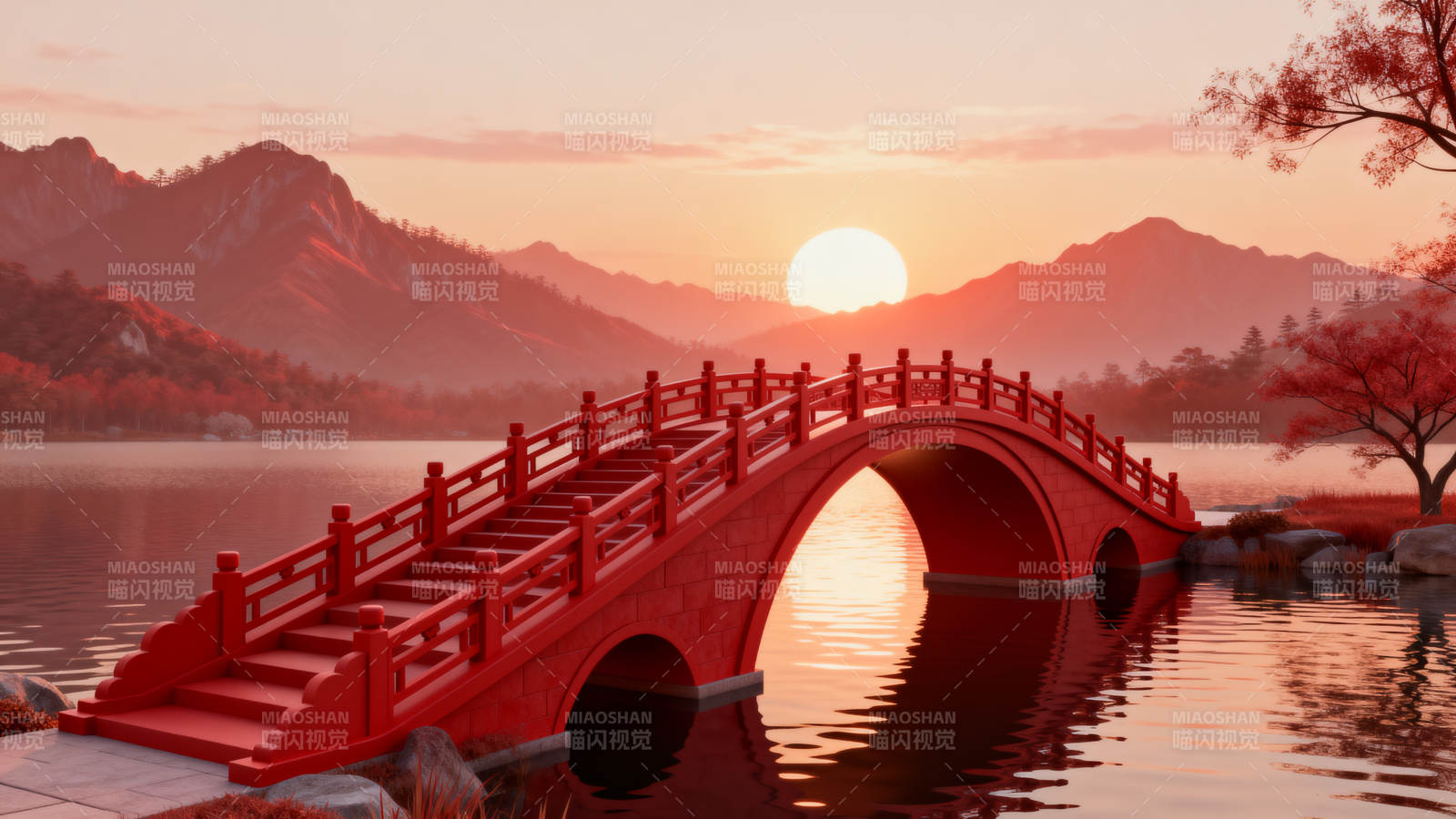 红色拱桥夕阳山水图片