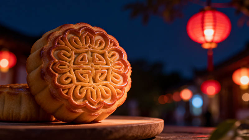 中秋月饼与红灯笼图片