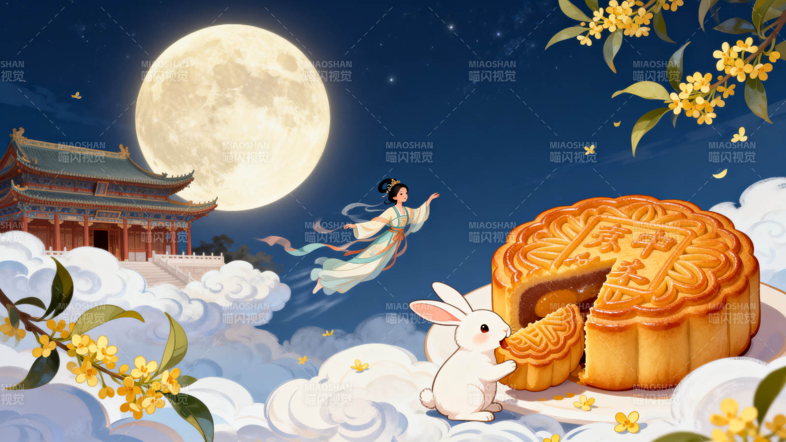 中秋月圆嫦娥玉兔月饼图片