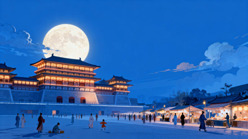 古建筑月夜集市图片