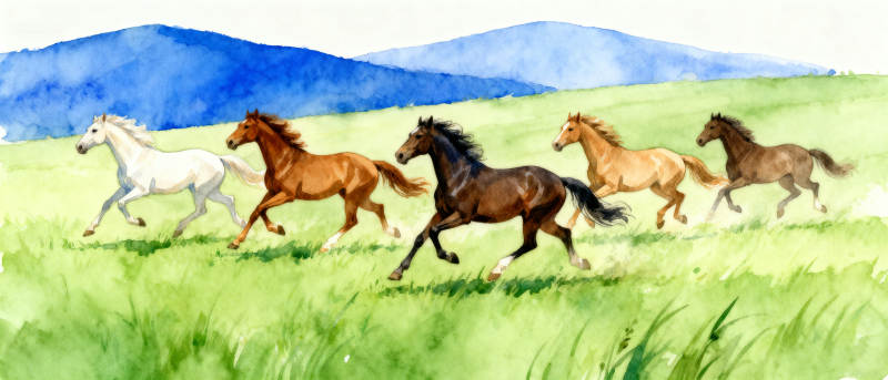 五匹马在草原上奔跑图片