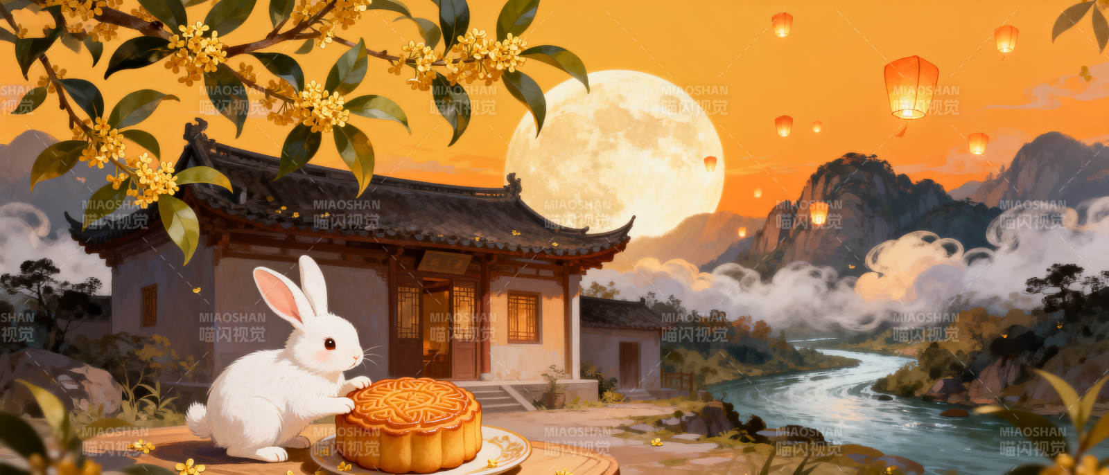 中秋月圆玉兔赏月图片