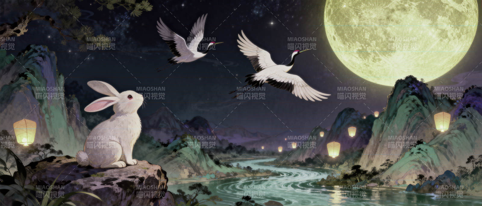 玉兔望月仙鹤飞舞图片