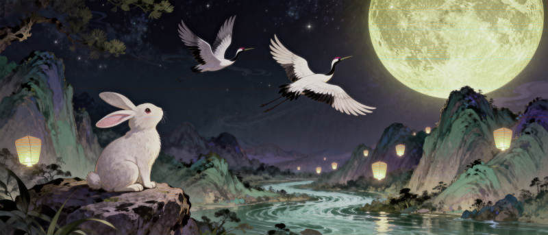 玉兔望月仙鹤飞舞图片