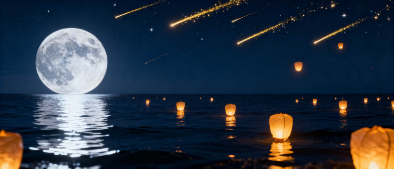 满月夜空孔明灯图片