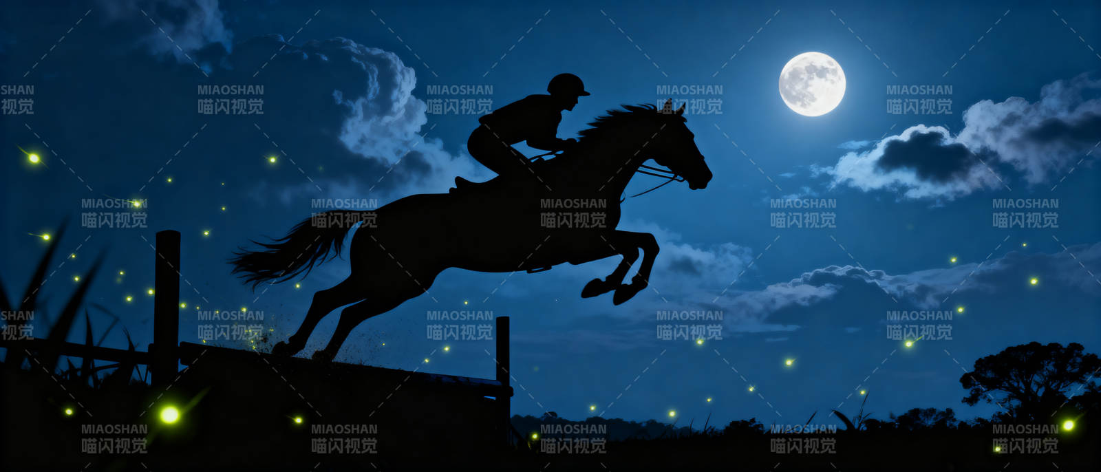月夜马术跳跃剪影图片