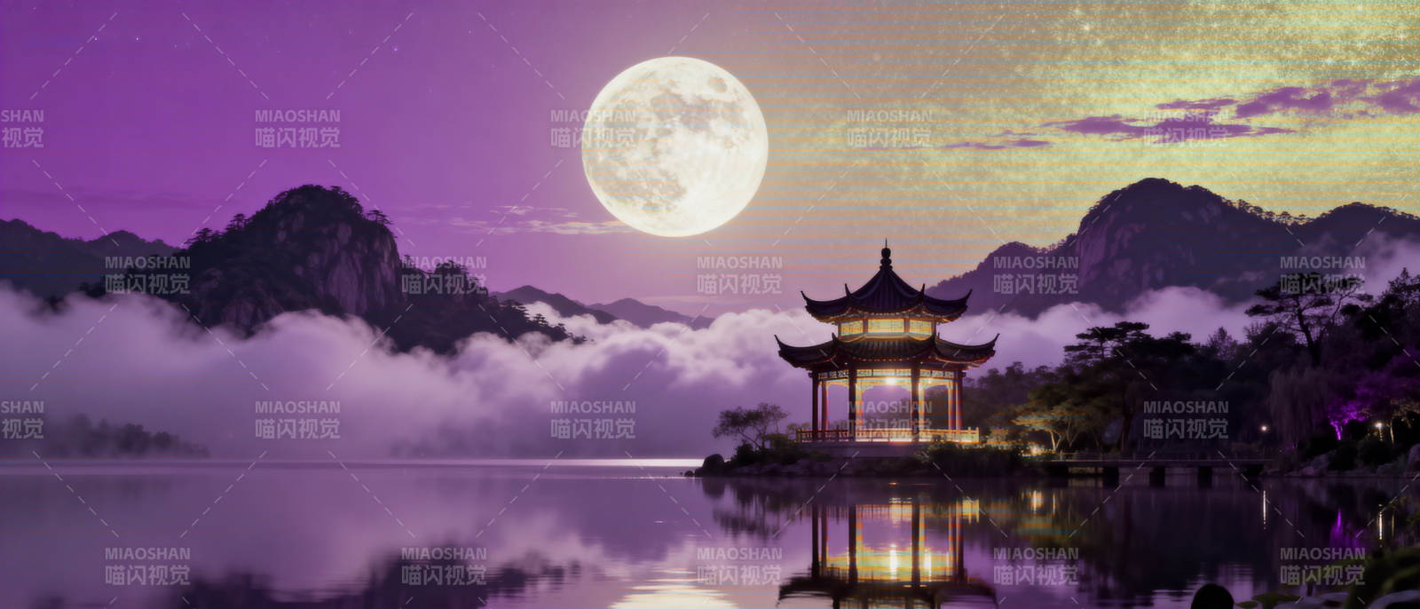 明月下的中式亭子图片