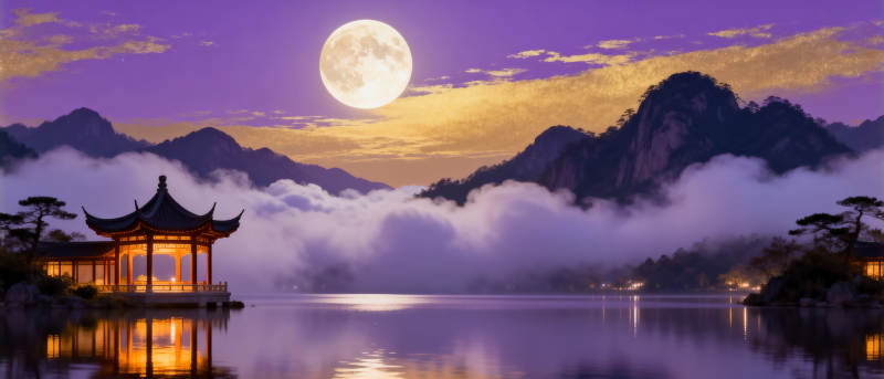 明月山水亭阁夜景图片