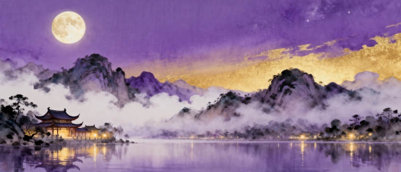 紫色山水古亭明月夜图片