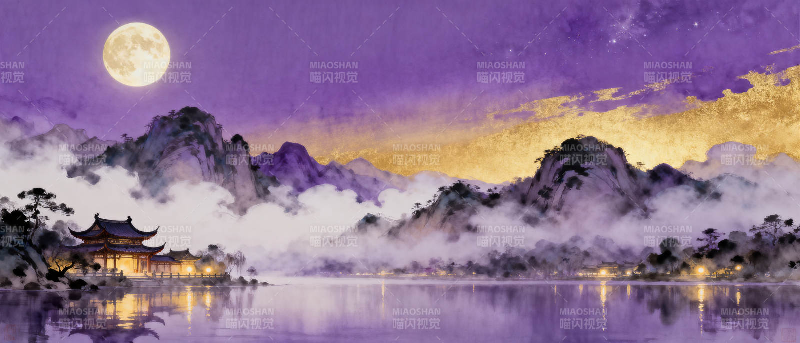紫色山水古亭明月夜图片