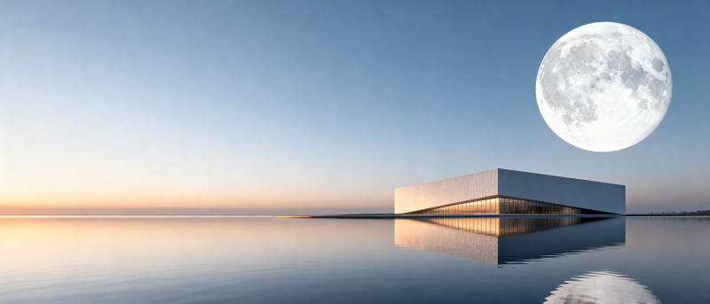 极简建筑与圆月倒影图片