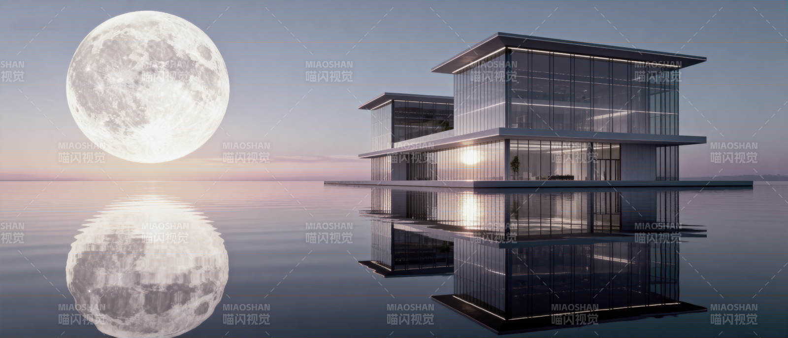 现代建筑与满月倒影图片