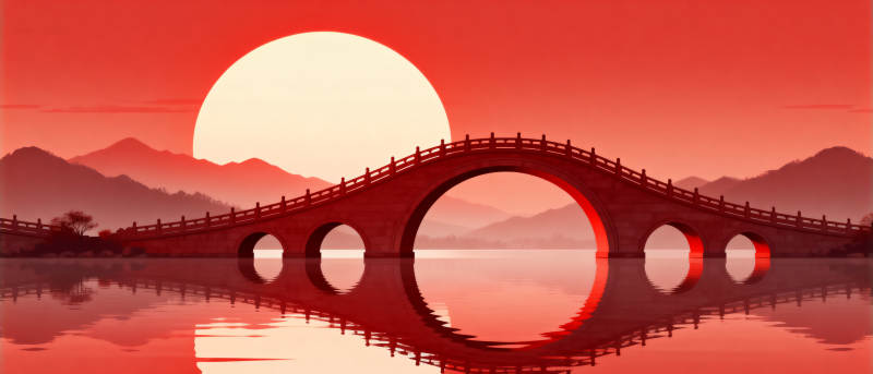 拱桥夕阳红霞图片