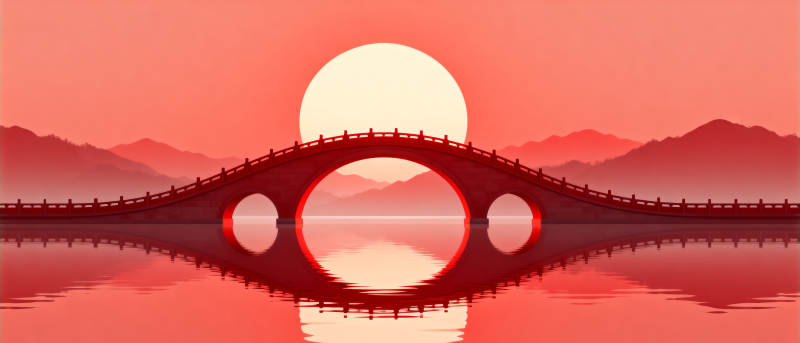 拱桥红日山水倒影图片