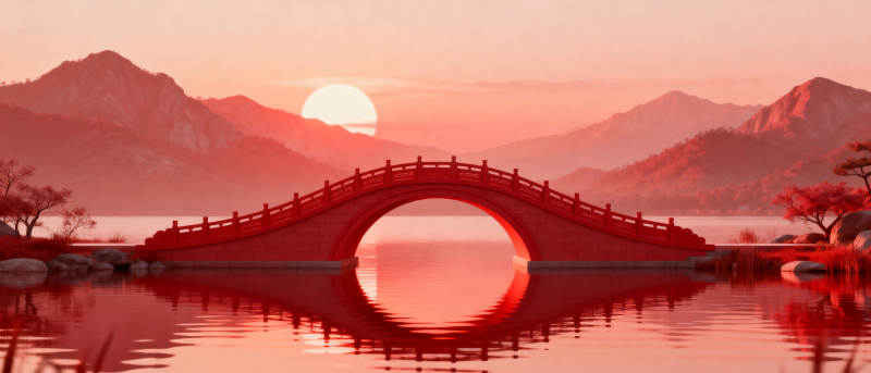 红色拱桥夕阳山水图片