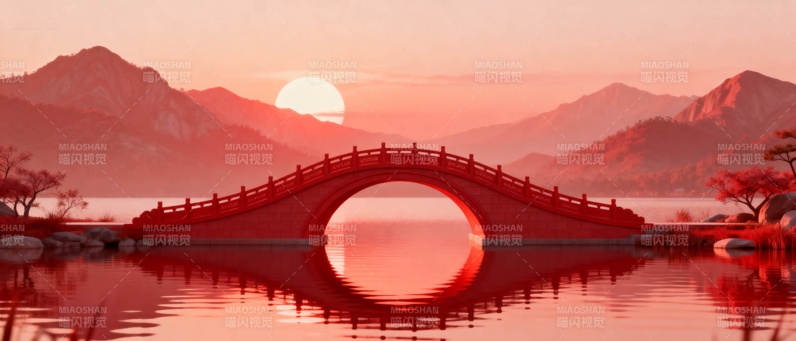 红色拱桥夕阳山水图片