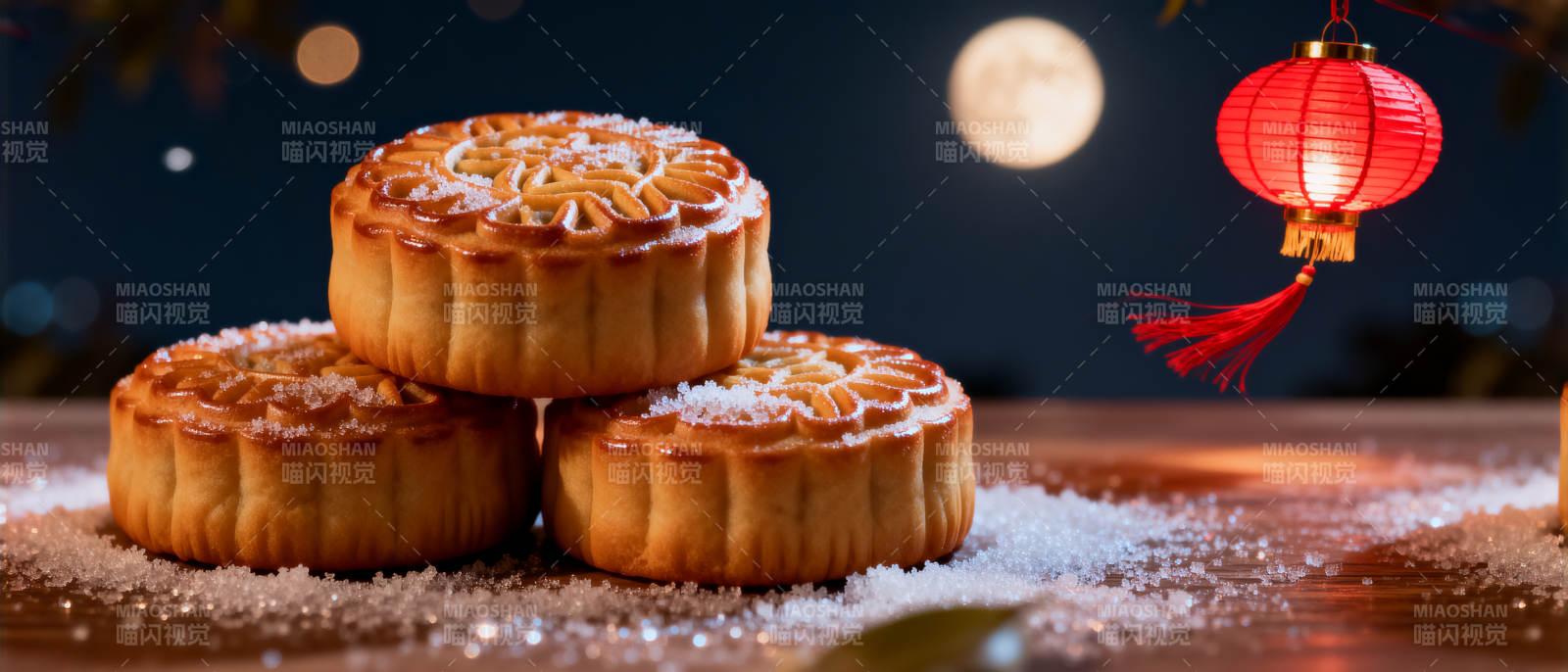 中秋月饼与圆月图片