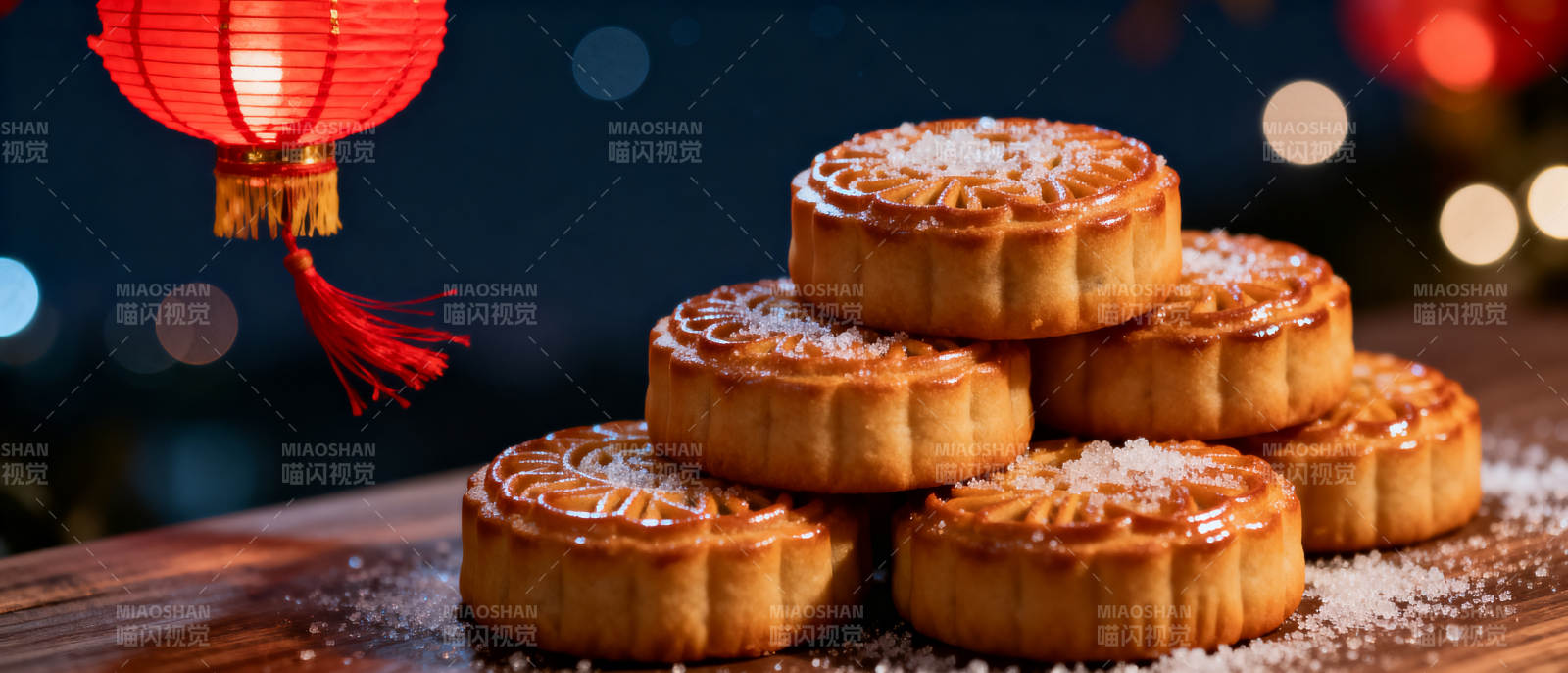 中秋月饼与红灯笼图片