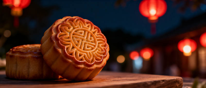 中秋月饼与红灯笼图片