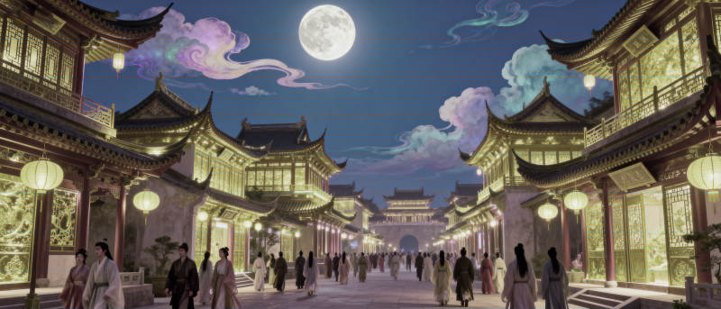 古风夜市明月高悬图片