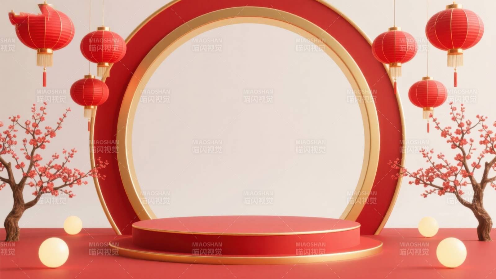 红色圆形舞台和红灯笼装饰图片