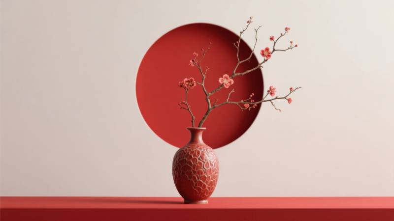 红色花瓶与梅花枝图片