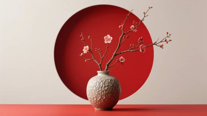 红背景梅花花枝摆设图片