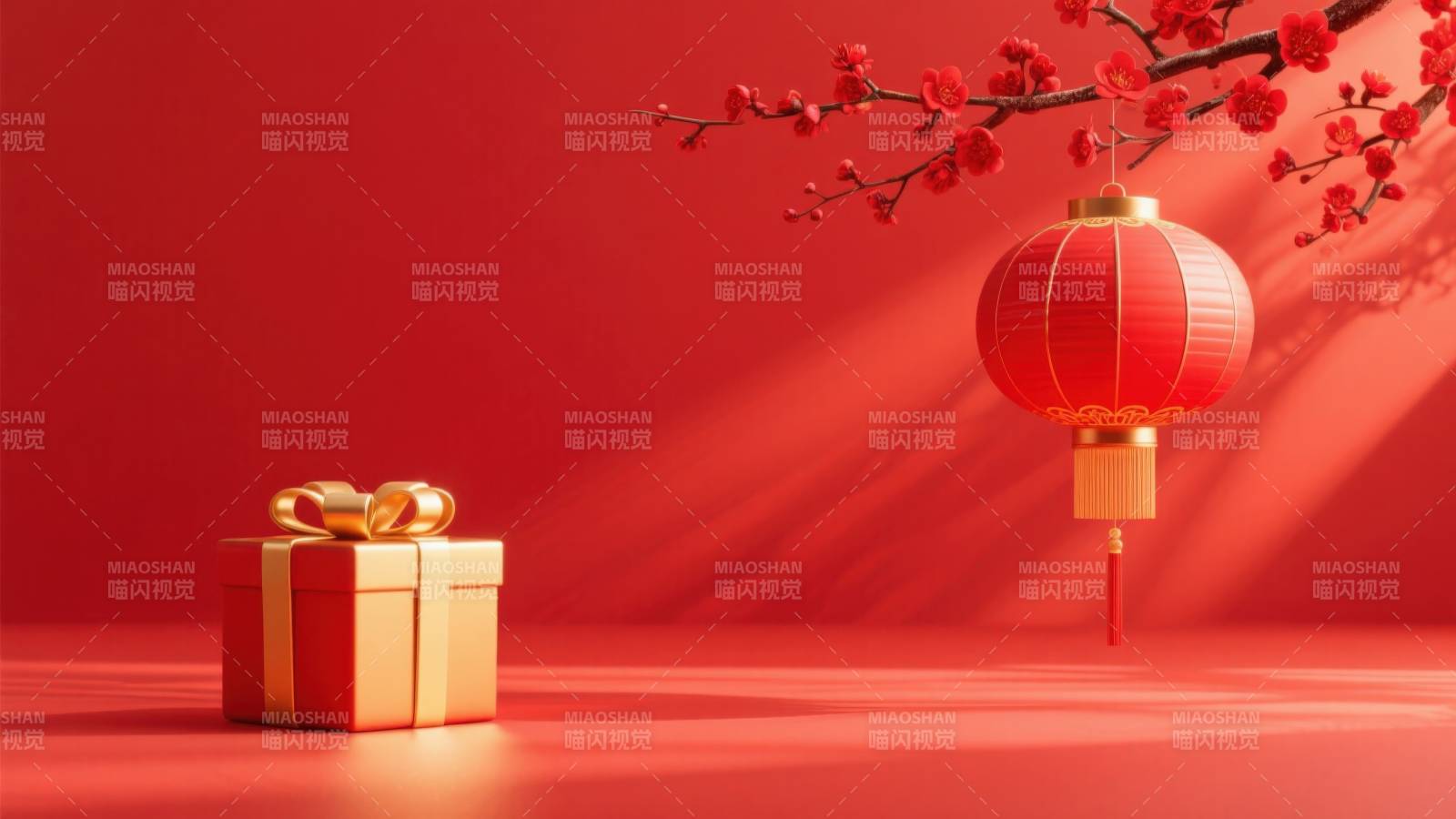 新年红色背景灯笼与礼物图片