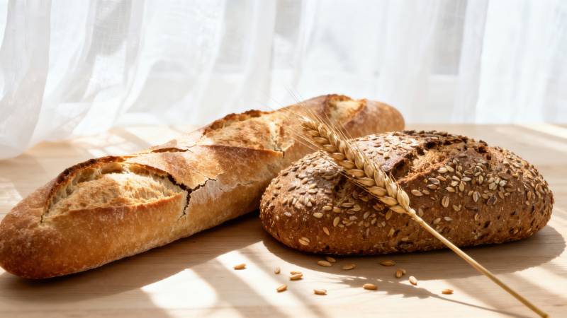 新鲜面包与小麦穗的静物图片