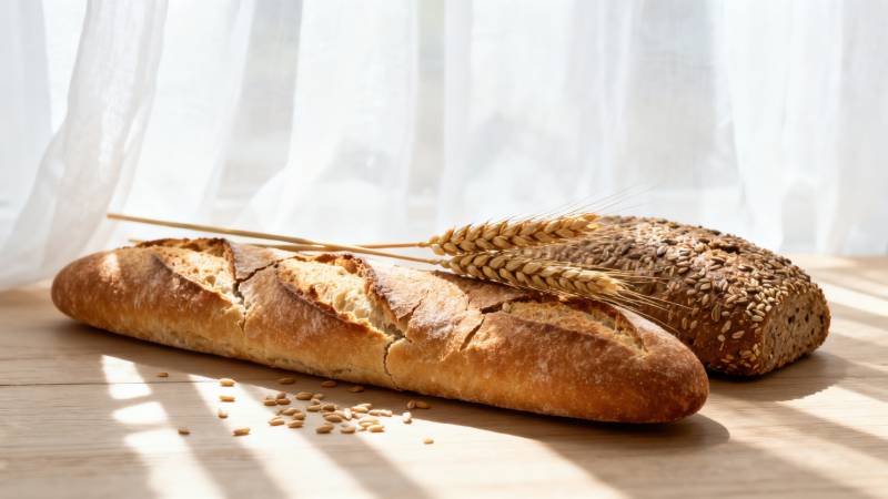 阳光下的面包与麦穗图片