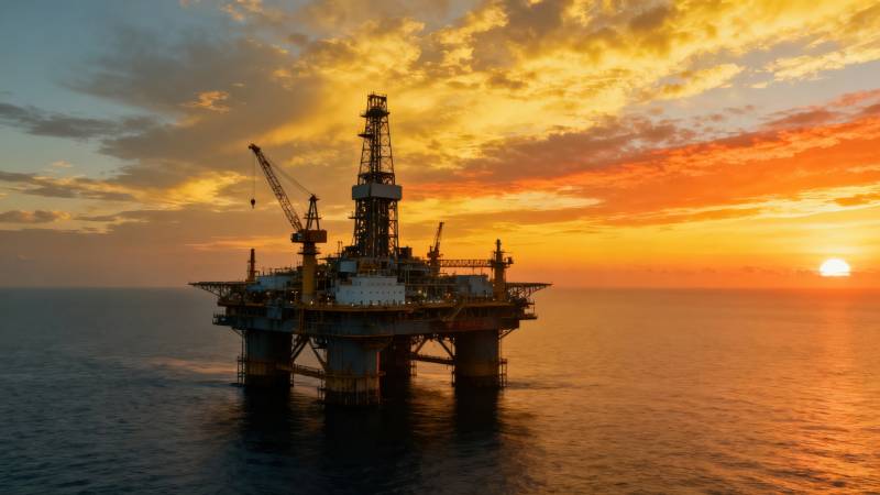 海上石油钻井平台日落图片