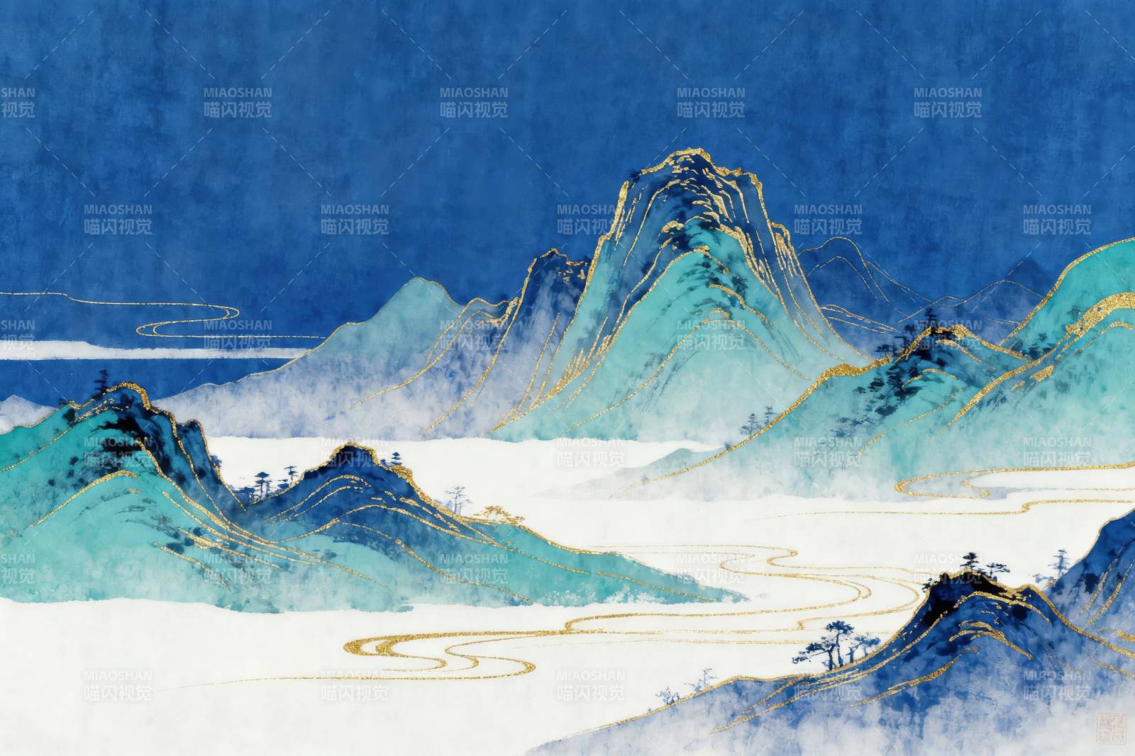 青绿山水云海画图片