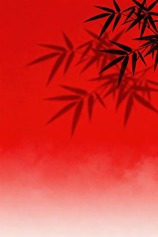 红色背景竹叶剪影图片