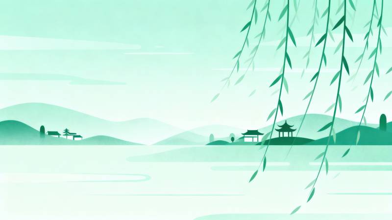 湖畔春柳山水意境图片