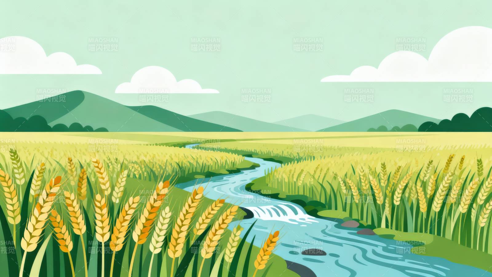 田野麦浪溪流风景图片