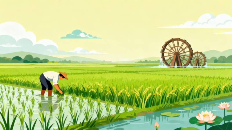 稻田农耕水车插秧图片