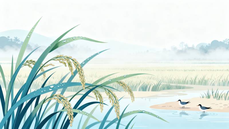 稻田晨雾水鸟栖息图片