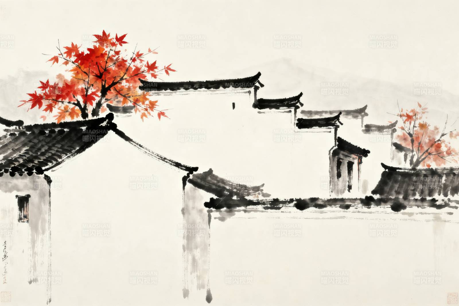 徽派建筑秋日水墨图片