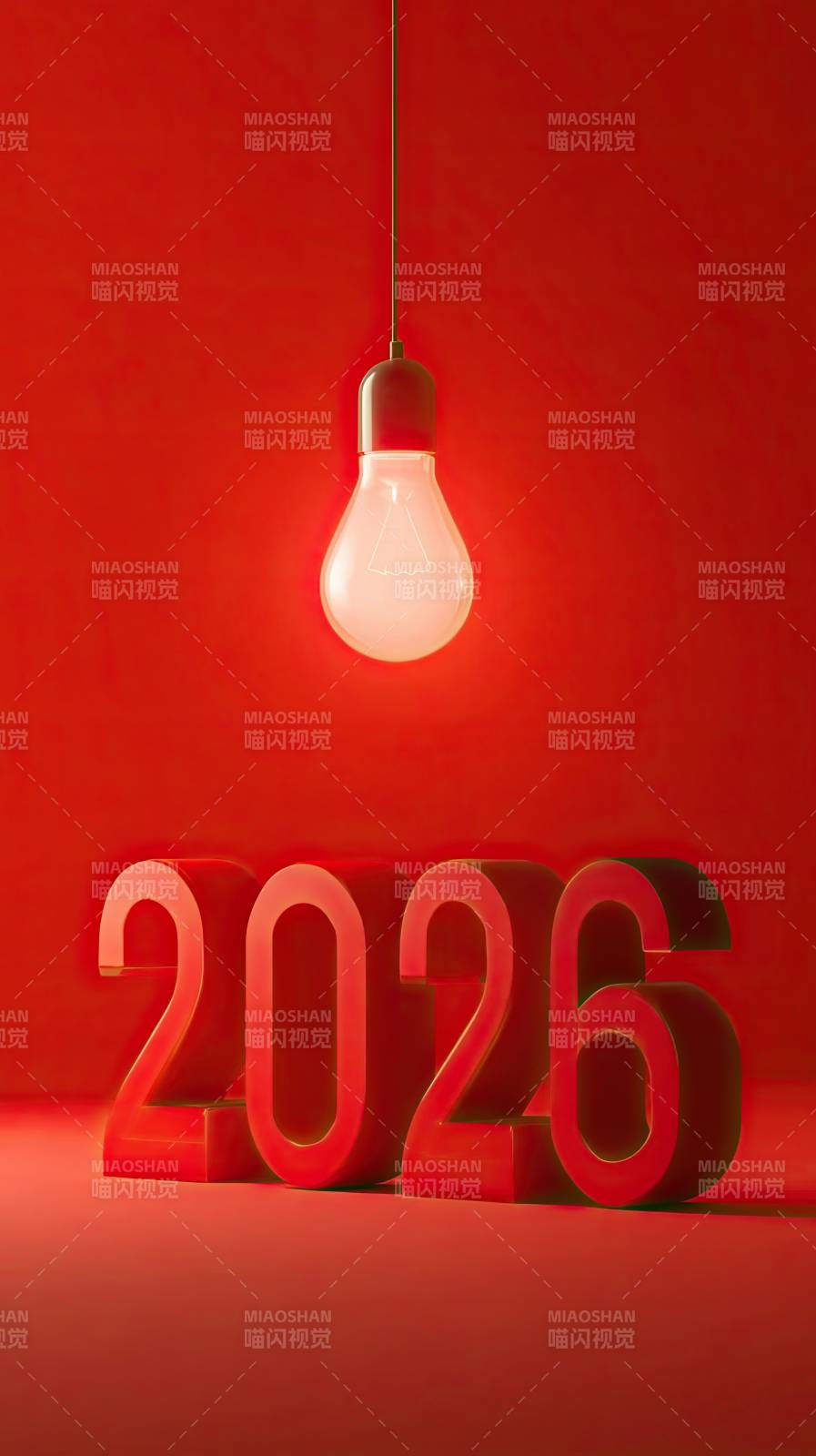红色背景2026数字与发光灯泡图片
